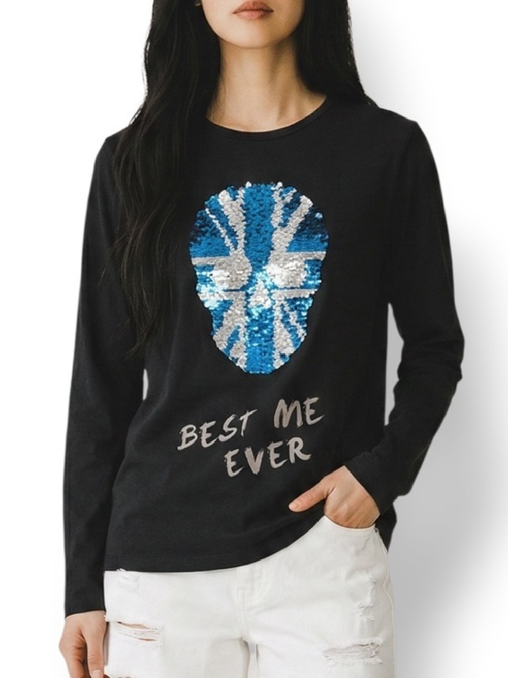 4/$20 Zara Best Me Ever Long Sleeve Tee Sequin Skull Youth 10 (fits Women’s XS)